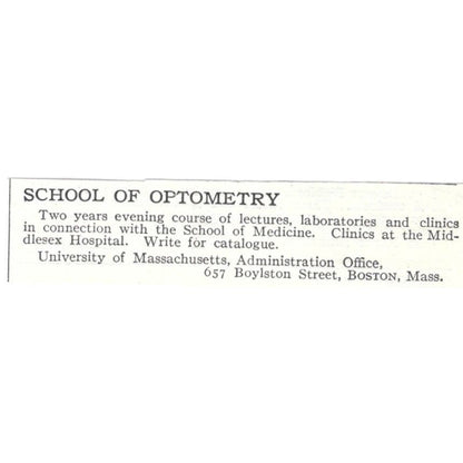School of Optometry University of Massachusetts c1918 Advertisement AE5-SV1