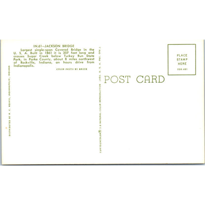 Jackson Bridge Parke County Turkey Creek IN Vintage Covered Bridge Postcard PD3