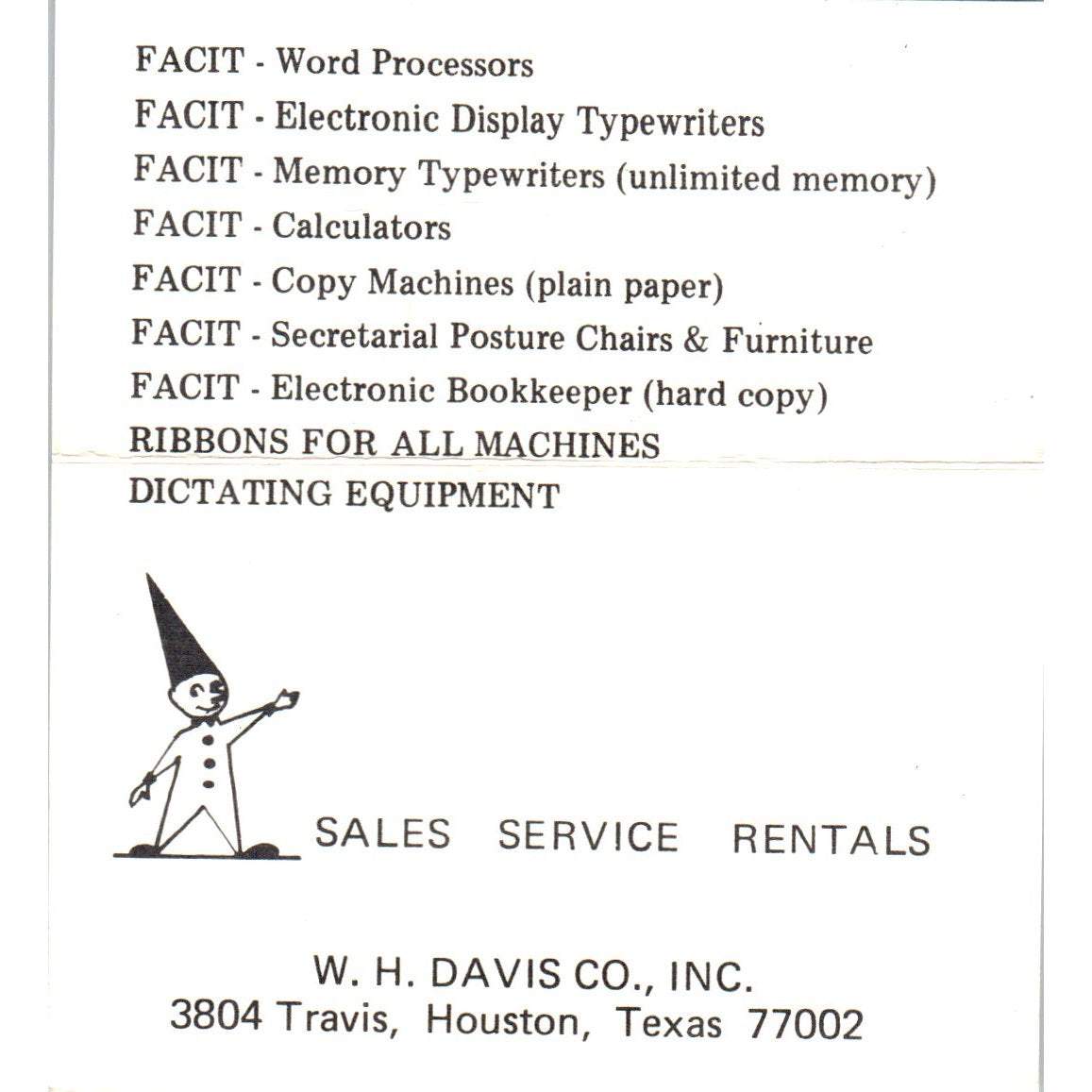 E. Tom Fite Facit W.H. Davis Co Houston Vintage Business Card SE3-B2