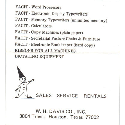 E. Tom Fite Facit W.H. Davis Co Houston Vintage Business Card SE3-B2