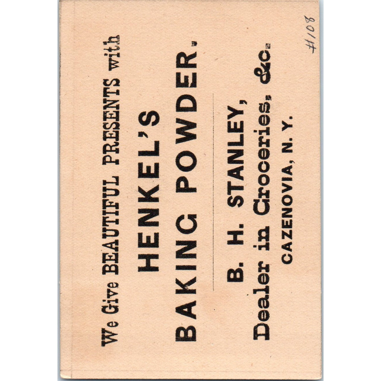 Henkel's Baking Powder B.H Stanley Cazenovia NY c1880 Victorian Trade Card AB6-2