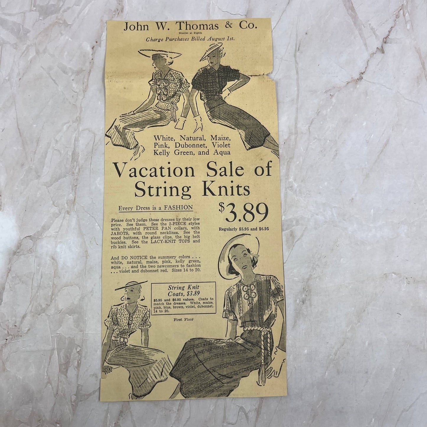 John W. Thomas Department Store 6x11" 1935 Minneapolis Journal Advertisement D10