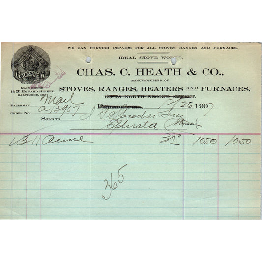 1907 Chas C. Heath & Co Stoves Philadelphia Letterhead Billhead Receipt D11