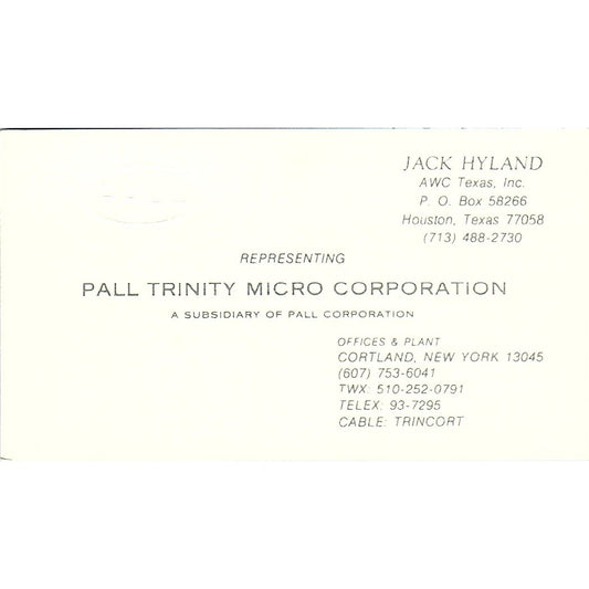 Jack Hyland Pall Trinity Micro Corporation Houston Vintage Business Card SD9-B2