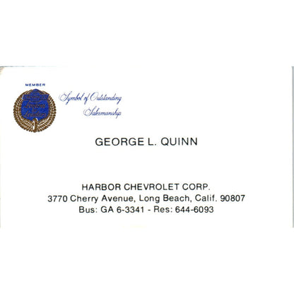 George L. Quin Harbor Chevrolet Long Beach CA Vintage Business Card SE3-B7