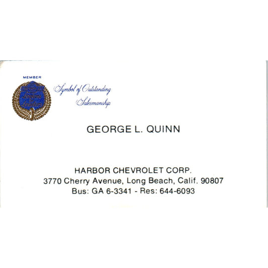 George L. Quin Harbor Chevrolet Long Beach CA Vintage Business Card SE3-B7
