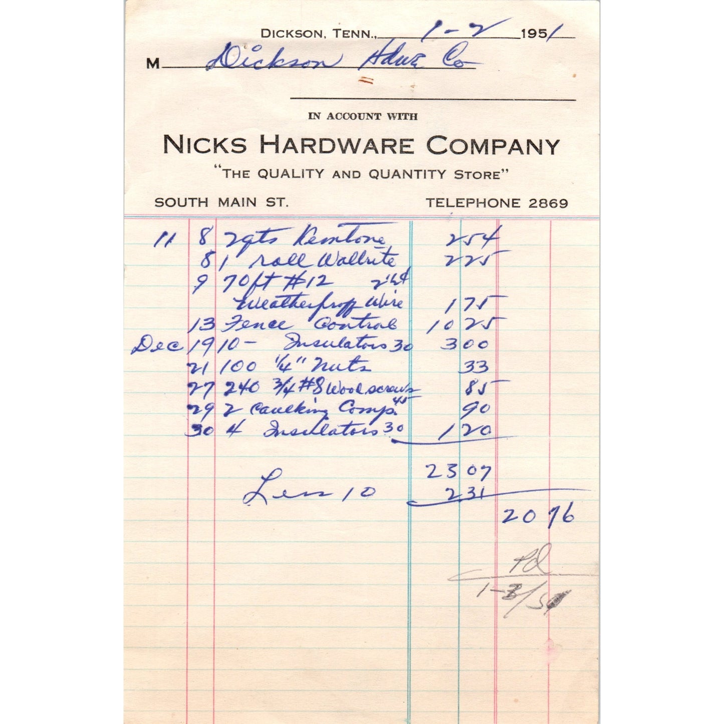 1951 Nick's Hardware Company Dickson Tennessee Letterhead Receipt D18