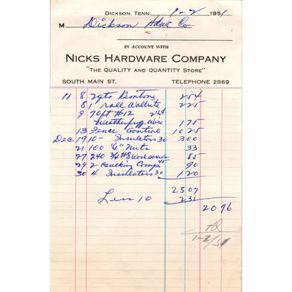 1951 Nick's Hardware Company Dickson Tennessee Letterhead Receipt D18