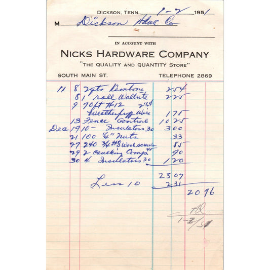 1951 Nick's Hardware Company Dickson Tennessee Letterhead Receipt D18