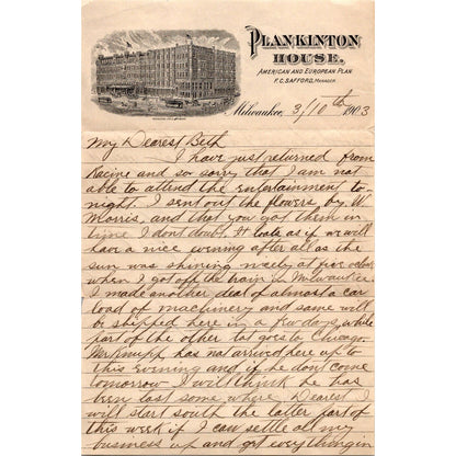 1903 Plankinton House Milwaukee Letterhead J.W. Swain F.C. Safford J16