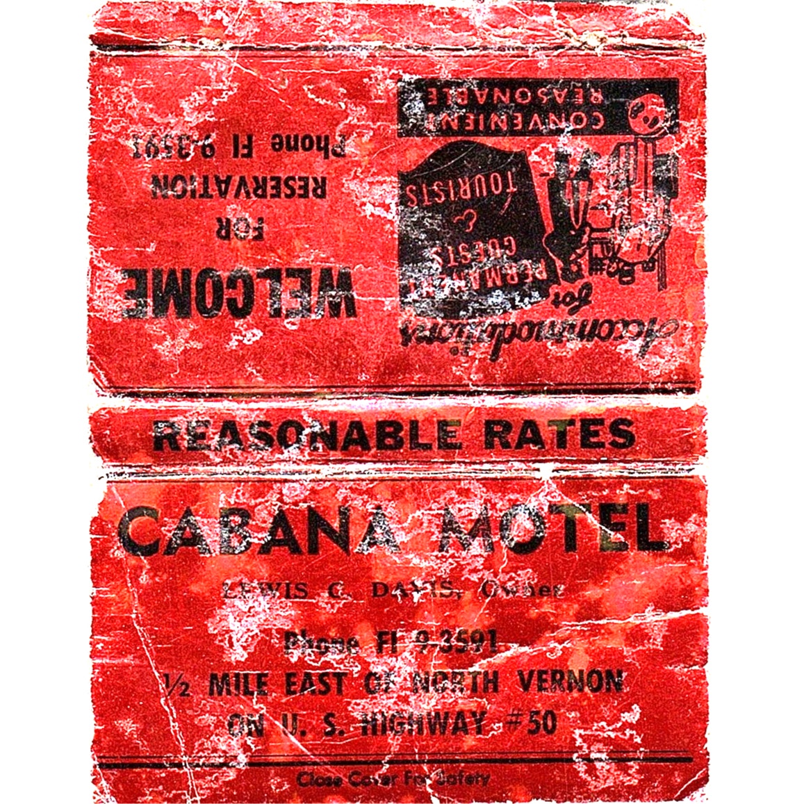 Cabana Motel Lewis C. Davis North Vernon Hwy 50 Vintage Matchbook TB6-MB2-13