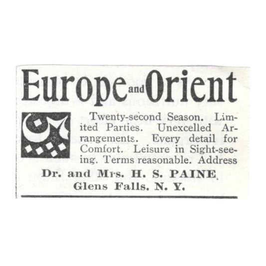 Europe & Orient Travel H.S. Paine Glens Falls NY c1918 Advertisement AE5-SV6