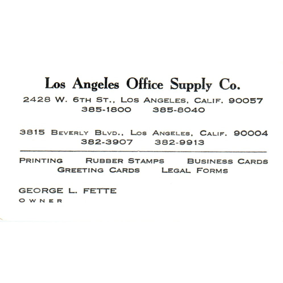 George L. Fette Los Angeles Supply Co CA Vintage Business Card SE3-B5