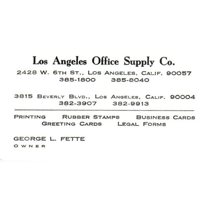 George L. Fette Los Angeles Supply Co CA Vintage Business Card SE3-B5