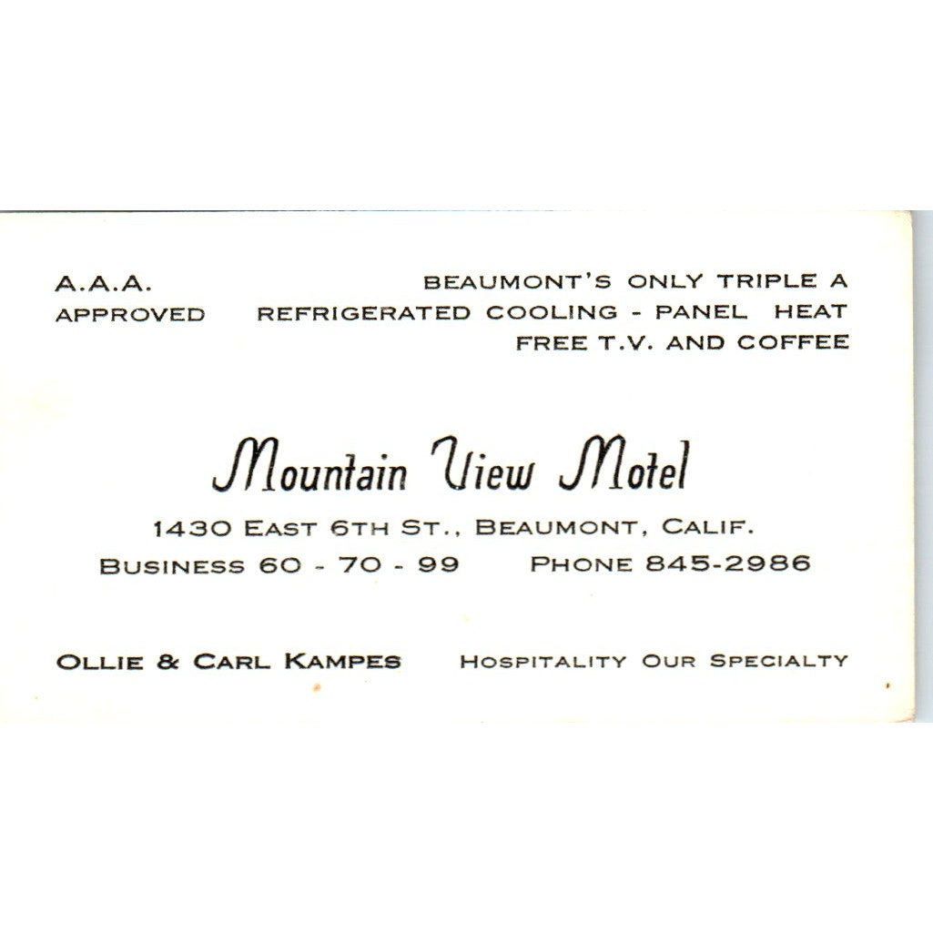 Mountain View Motel Ollie & Carl Kampes Beaumont CA Vtg Business Card SD8-B22