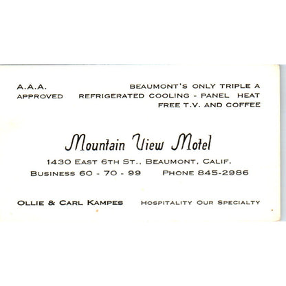 Mountain View Motel Ollie & Carl Kampes Beaumont CA Vtg Business Card SD8-B22