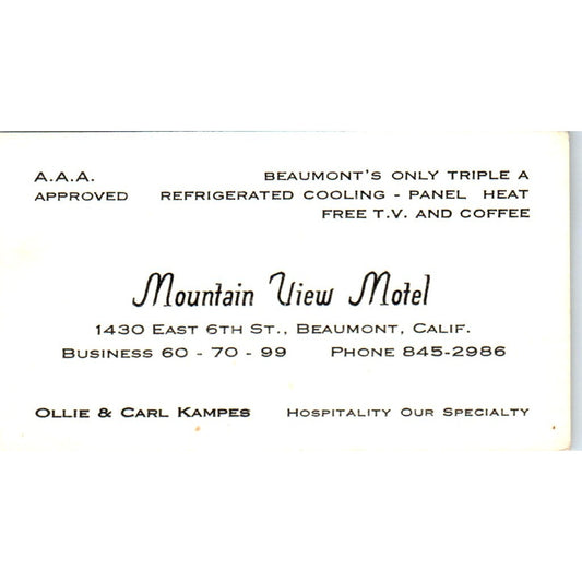 Mountain View Motel Ollie & Carl Kampes Beaumont CA Vtg Business Card SD8-B22