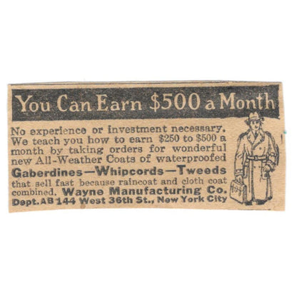 Wayne Mfg Co. NY Gaberdines Tweeds Become a Salesman 1923 Magazine Ad Clip AE1-6