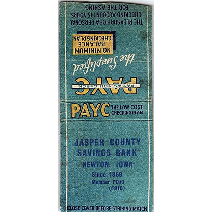 Jasper County Savings Bank Newton Iowa Vintage Matchbook Cover SC7-Y10