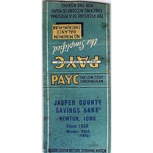 Jasper County Savings Bank Newton Iowa Vintage Matchbook Cover SC7-Y10