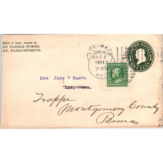 1911 Lee Marble Works MA to Jane G. Rambo Postal Cover Envelope TG7-PC1