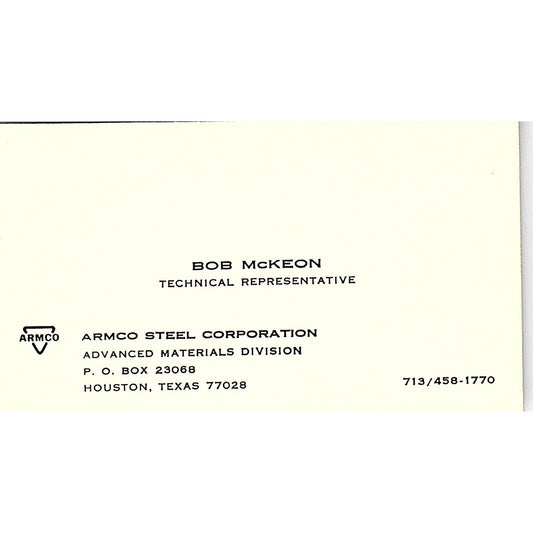 Bob McKeon Armco Steel Corp Houston Vintage Business Card SC9-B12