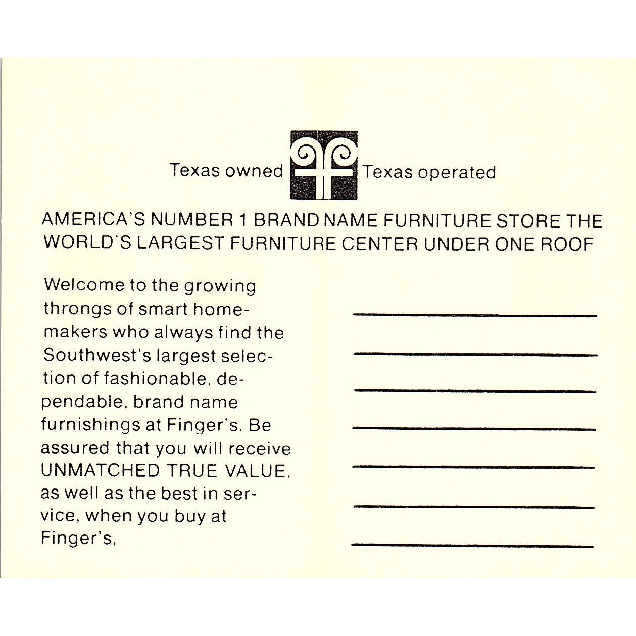 Finger's Furniture Center Murray Glasser Houston TX Vintage Business Card SB4-B2