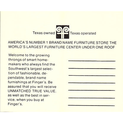Finger's Furniture Center Murray Glasser Houston TX Vintage Business Card SB4-B2