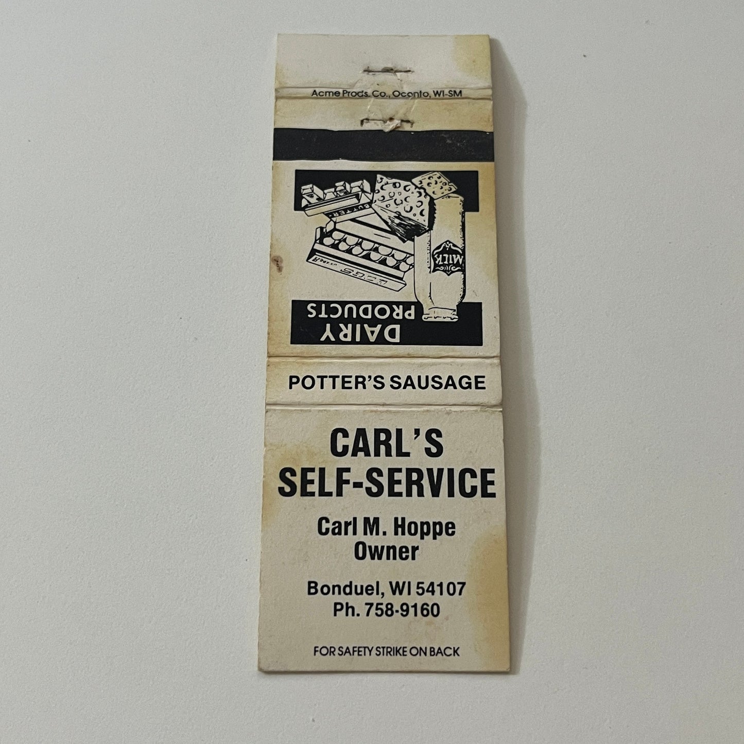 Carl's Self-Service Potters Sausage Carl M Hoppe Bonduel WI Matchbook MB59-4