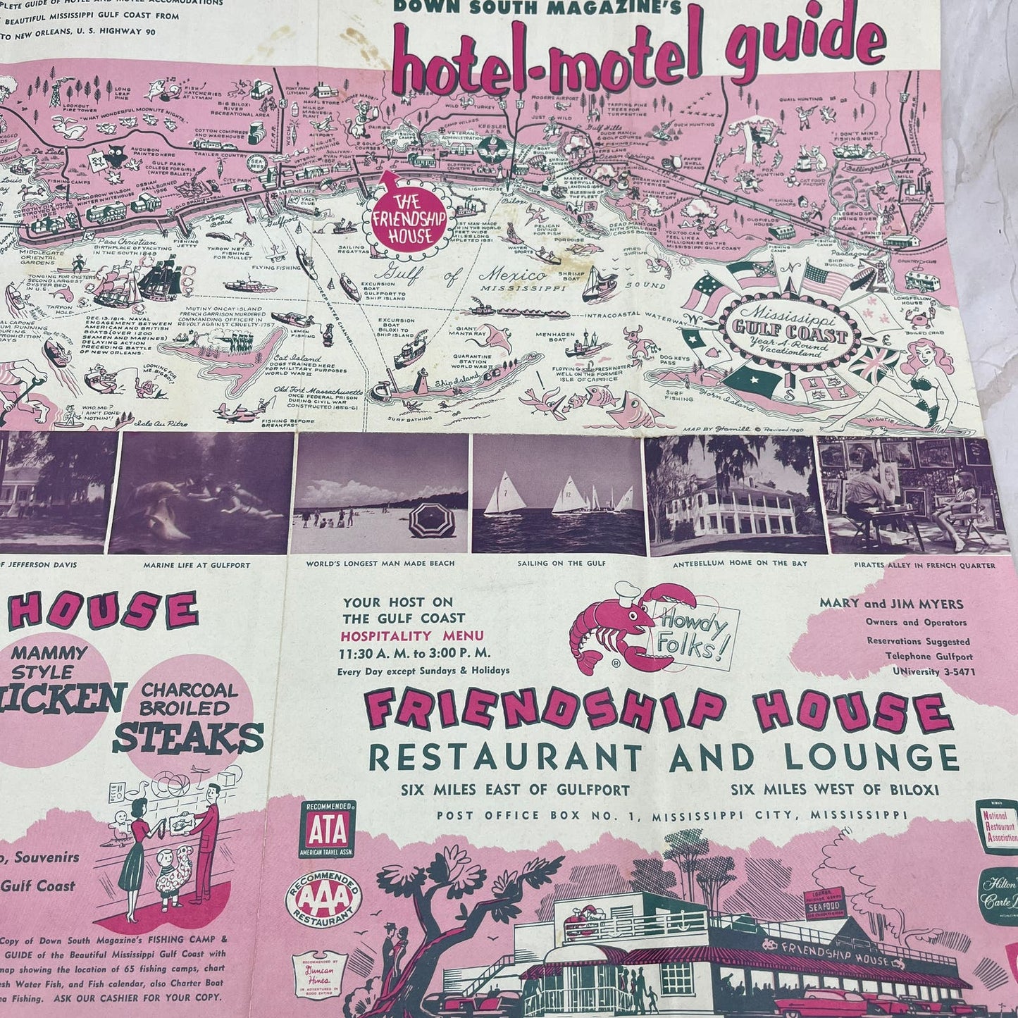 1960 Down South's Hotel Motel Guide Friendship House Biloxi MS Fold Out TG8-Z