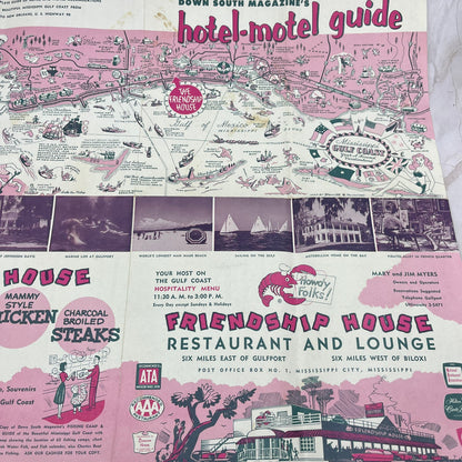 1960 Down South's Hotel Motel Guide Friendship House Biloxi MS Fold Out TG8-Z