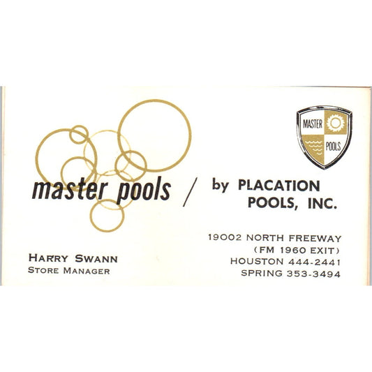 Harry Swan Master Pools Placation Pools Houston TX Vintage Business Card SD4-B2