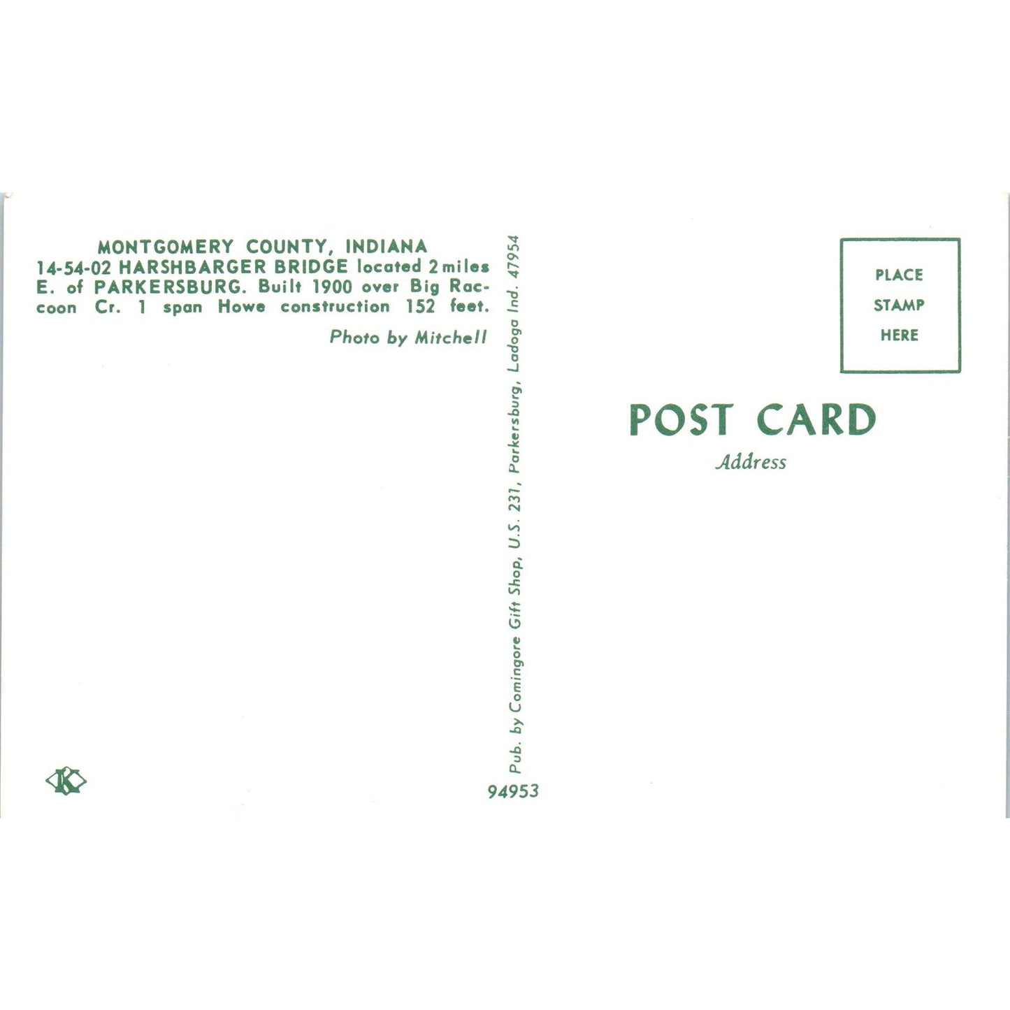 Montgomery County Harshbarger Bridge IN Vintage Covered Bridge Postcard PD1