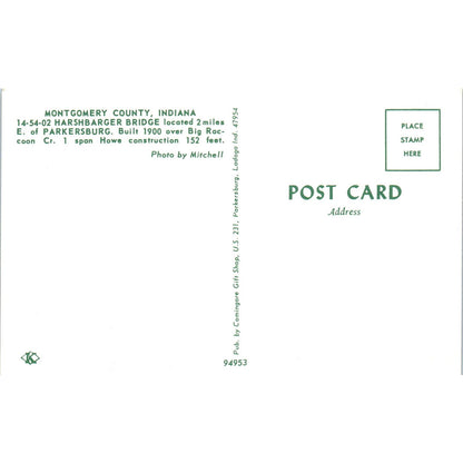 Montgomery County Harshbarger Bridge IN Vintage Covered Bridge Postcard PD1