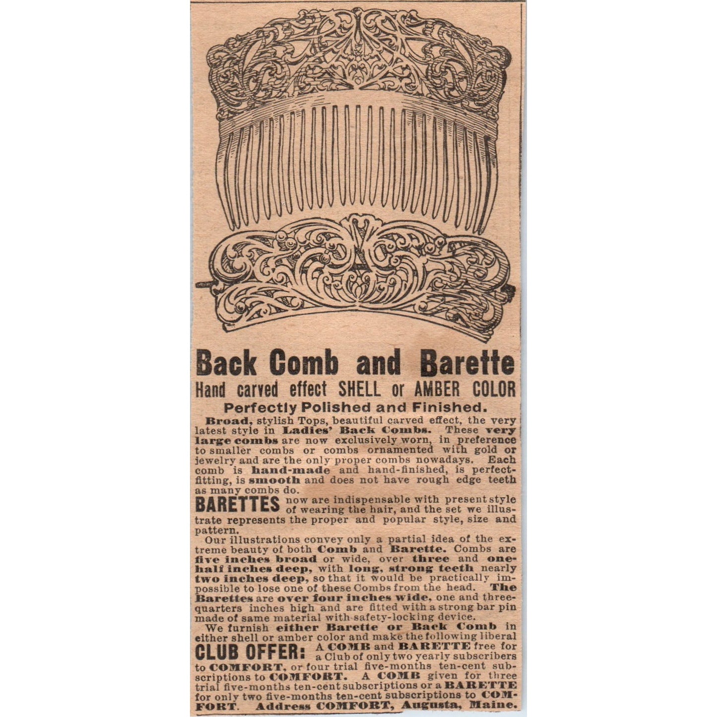 Back Comb & Barette Club Offer Comfort Augusta ME 1910 Magazine Ad AF1-CM3