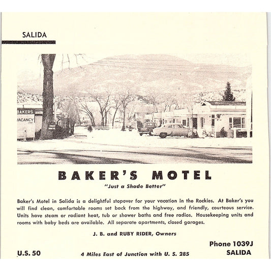 Baker's Motel J.B. & Ruby Rider Salida CO 1958 Ad AG1-H6