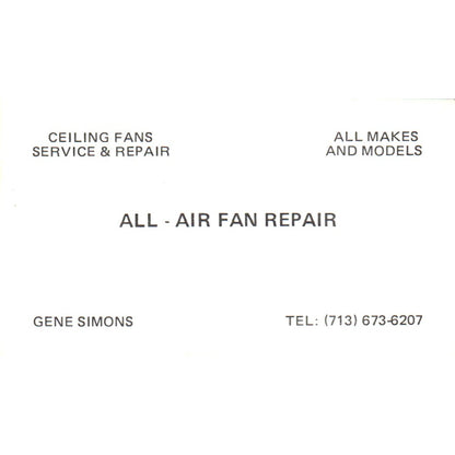 All - Air Fan Repair Gene Simons Houston TX Vintage Business Card SD4-B1