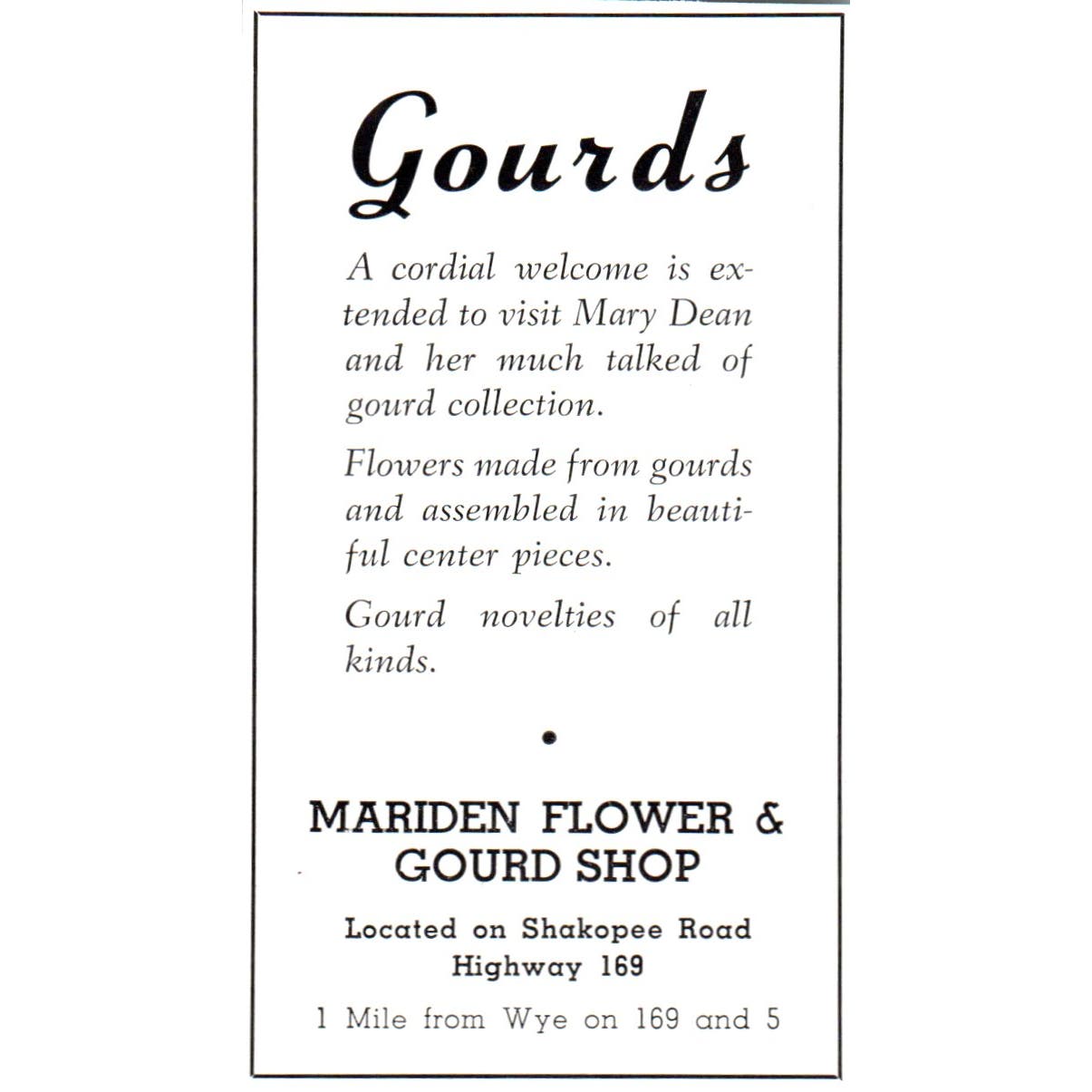 Mariden Flower & Gourd Shop Shakopee Rd Hwy 169 Eden Prairie 1940 Ad AF1-OM