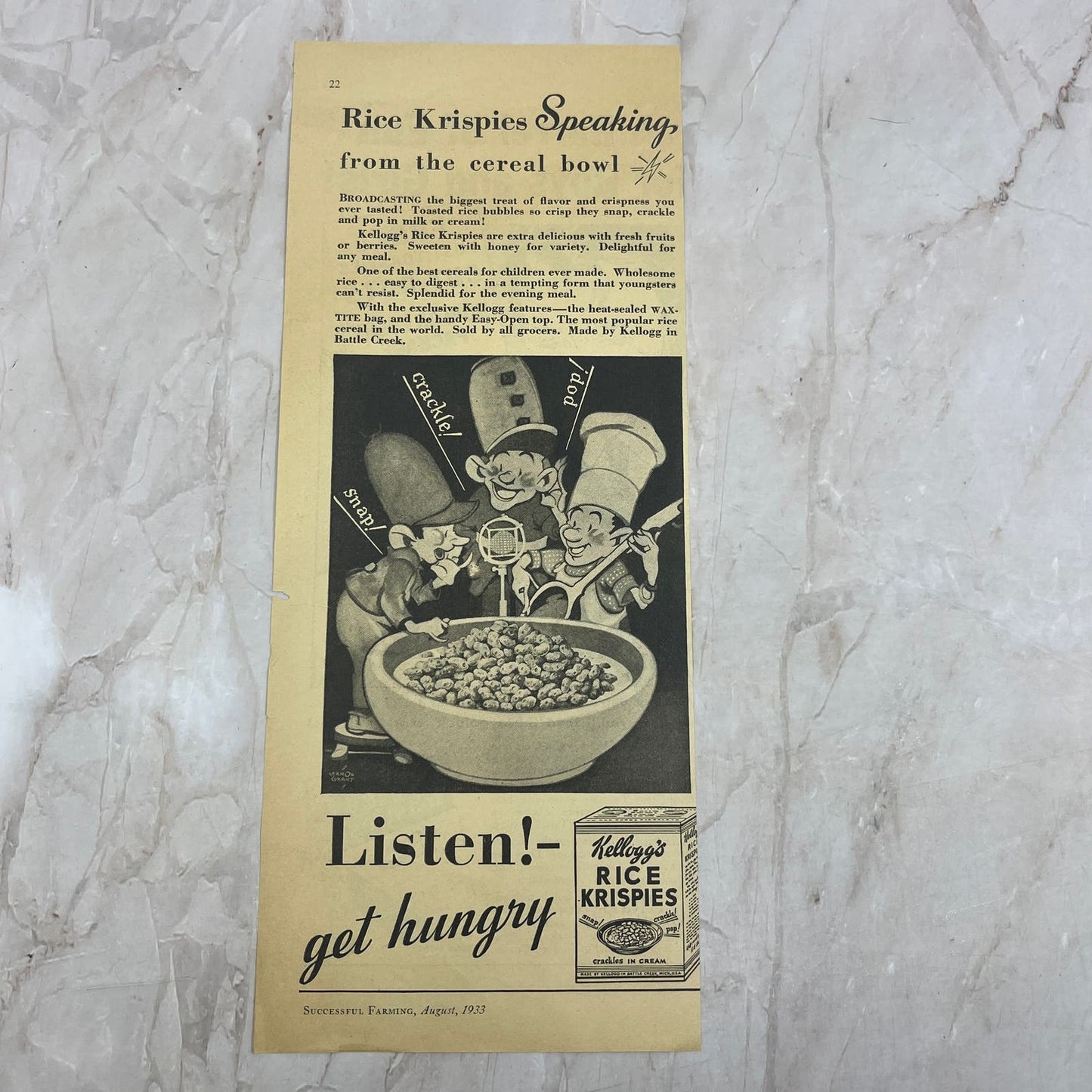 1933 Kelloggs Rice Krispies Snap Crackle Pop 4.5x12 Magazine Advertisement FL6-6