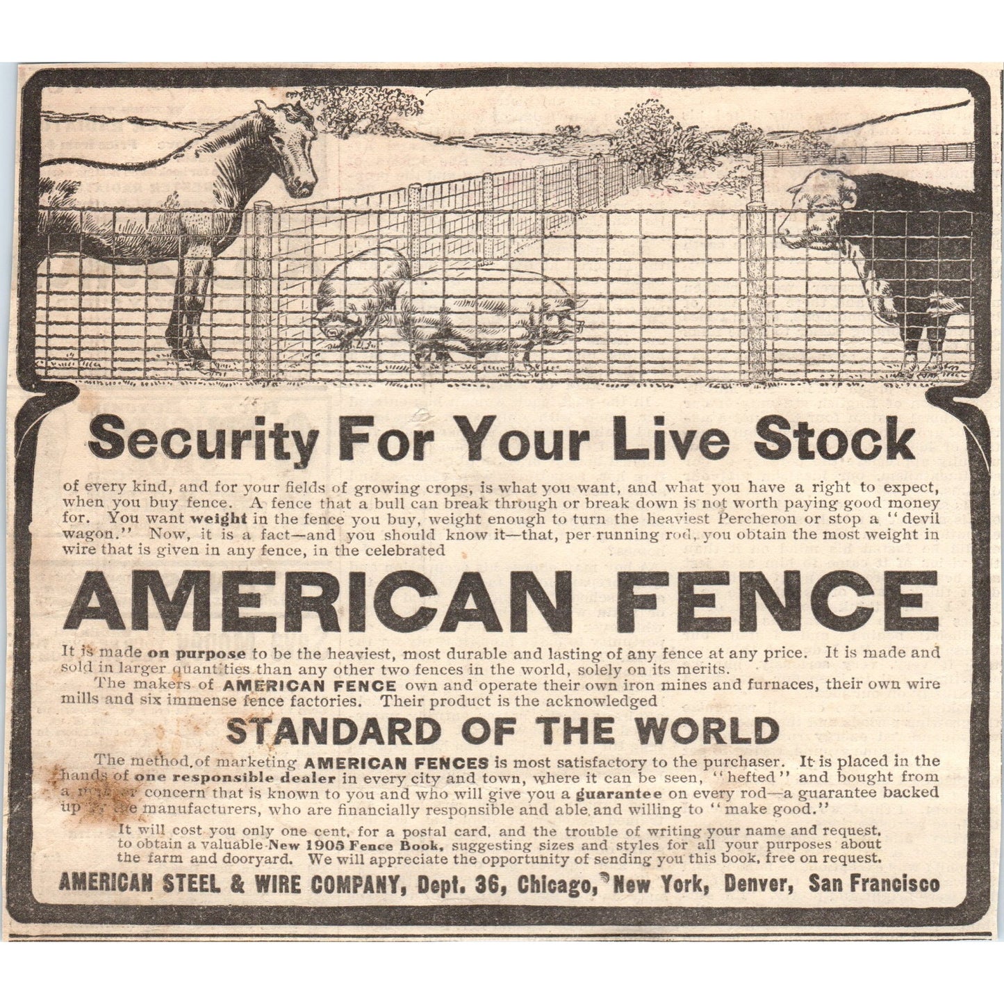 American Fence American Steel & Wire Co 1905 Magazine Ad AF1-NEH