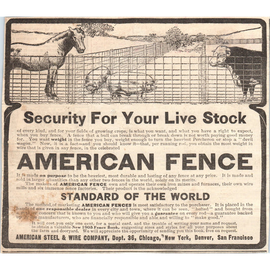 American Fence American Steel & Wire Co 1905 Magazine Ad AF1-NEH