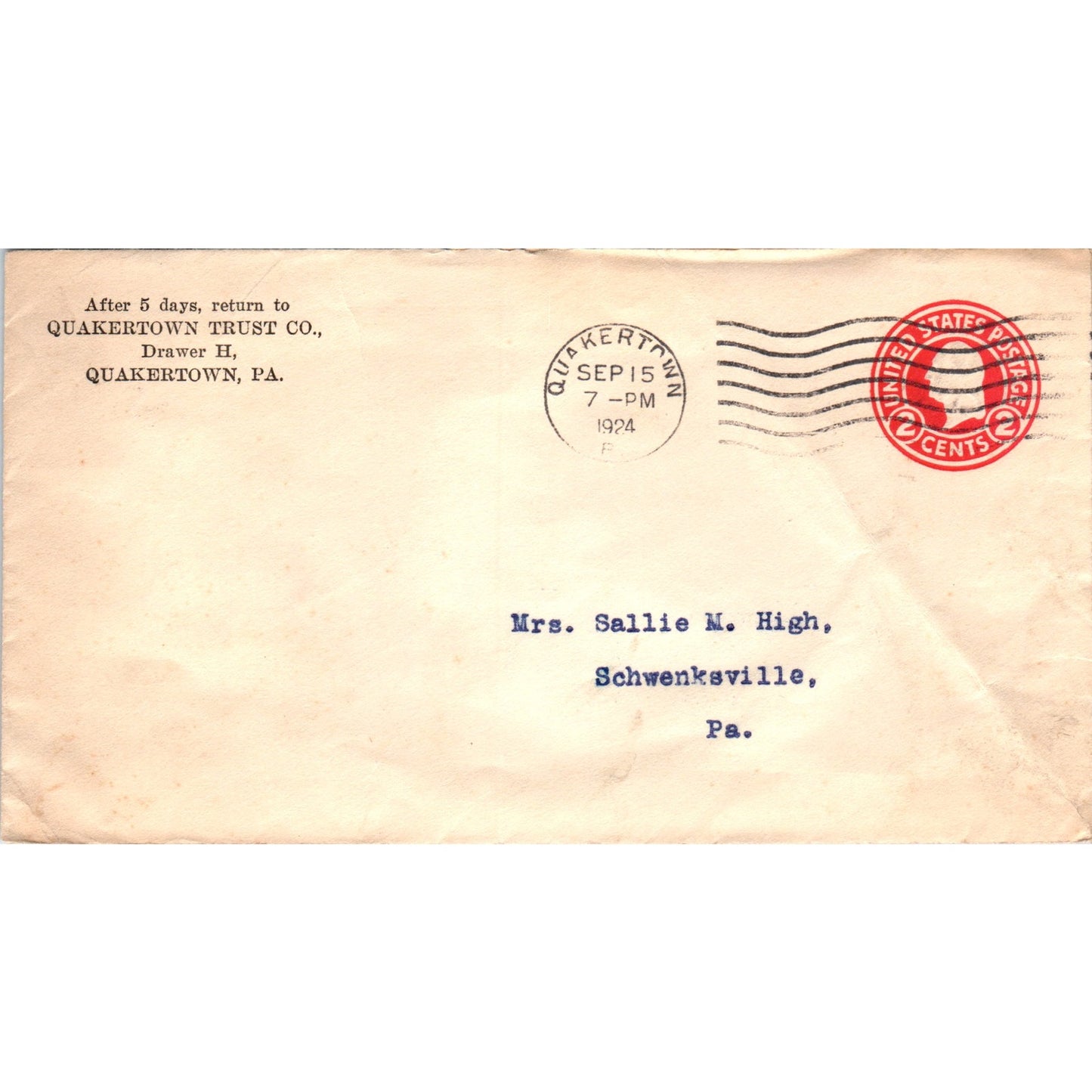 1924 Quakertown Trust Co RM High Schwenksville Postal Cover Envelope TG7-PC2