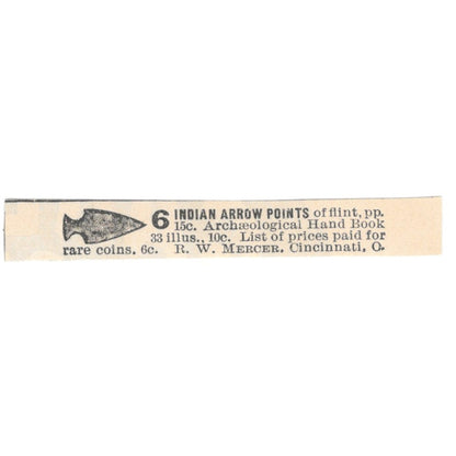 Indian Arrow Points Arrowheads R.W. Mercer Cincinnati 1892 Magazine Ad AK6-S4