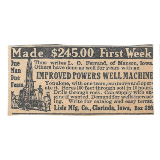 Improved Powers Well Machine Lisle Mfg Co Clarinda Iowa 1920 Ad AG2-S8
