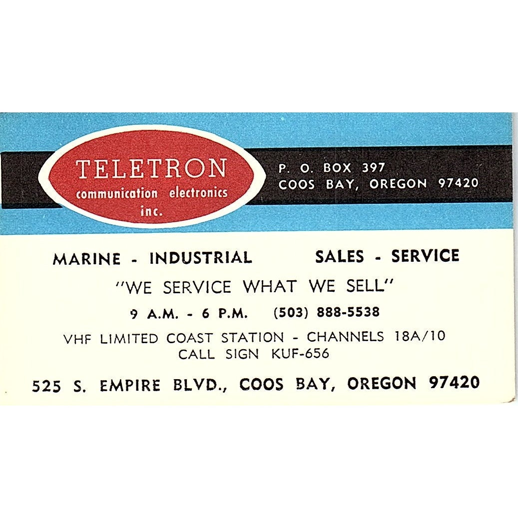 Teletron Communication Services Electronics, Coos Bay, OR  Business Card SF3-B7