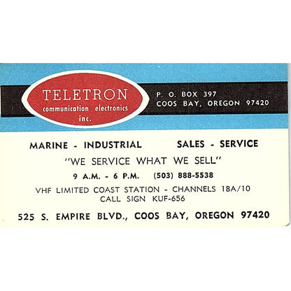 Teletron Communication Services Electronics, Coos Bay, OR  Business Card SF3-B7