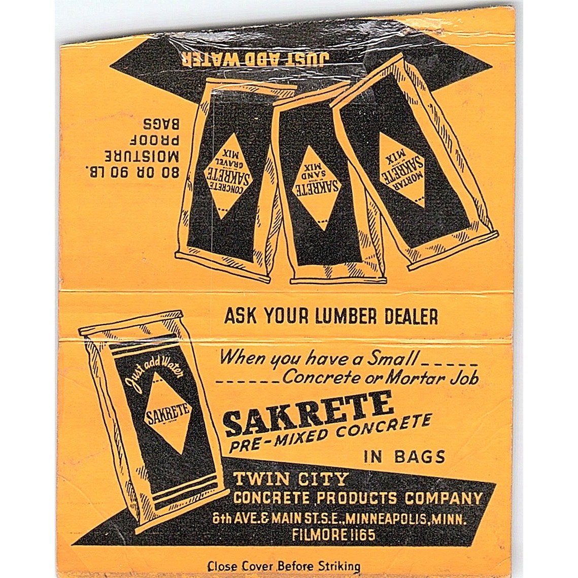 Sakrete Twin City Concrete Products Co Minneapolis Large Matchbook Cover ML1-7