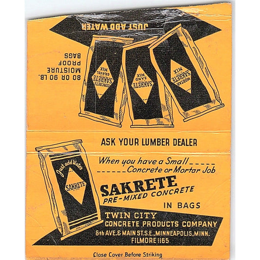 Sakrete Twin City Concrete Products Co Minneapolis Large Matchbook Cover ML1-7