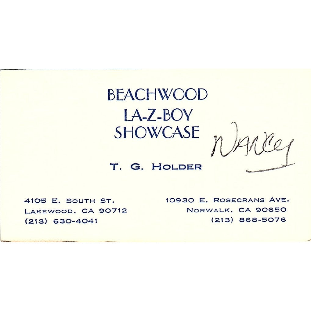 Beachwood La-Z-Boy Showcase T.G. Holder Lakewood CA Vintage Business Card SF3-B2
