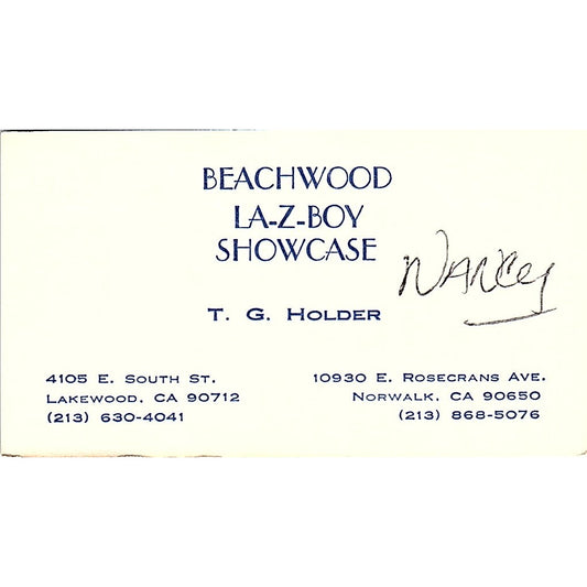 Beachwood La-Z-Boy Showcase T.G. Holder Lakewood CA Vintage Business Card SF3-B2